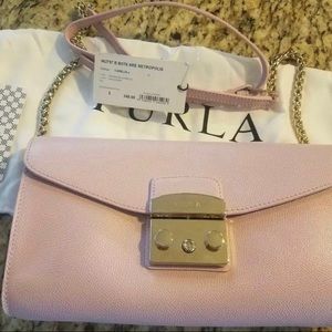 Furla Barbie pink Metropolis crossbody with gold accents  NWT